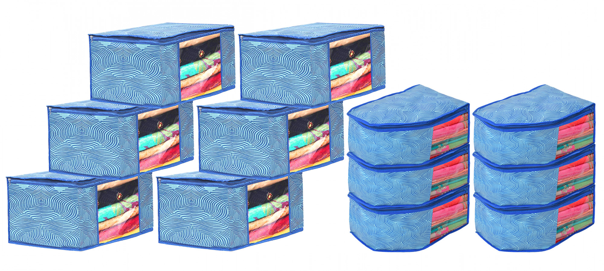 Kuber Industries Lahariya Design Non-woven Foldable Saree & Blouse Cover/Clothes Storage Bag/Wardrobe Organizer Set With Transparent Window-(Blue)-44KM0575