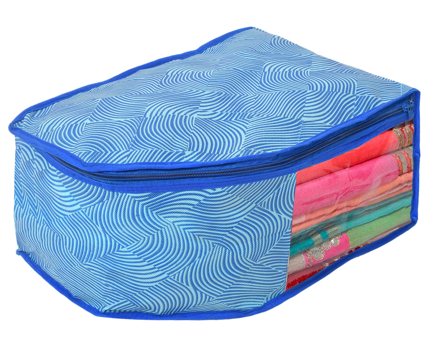 Kuber Industries Lahariya Printed Non-Woven Blouse Cover/Organizer With Front Window- (Blue)-44KM0545