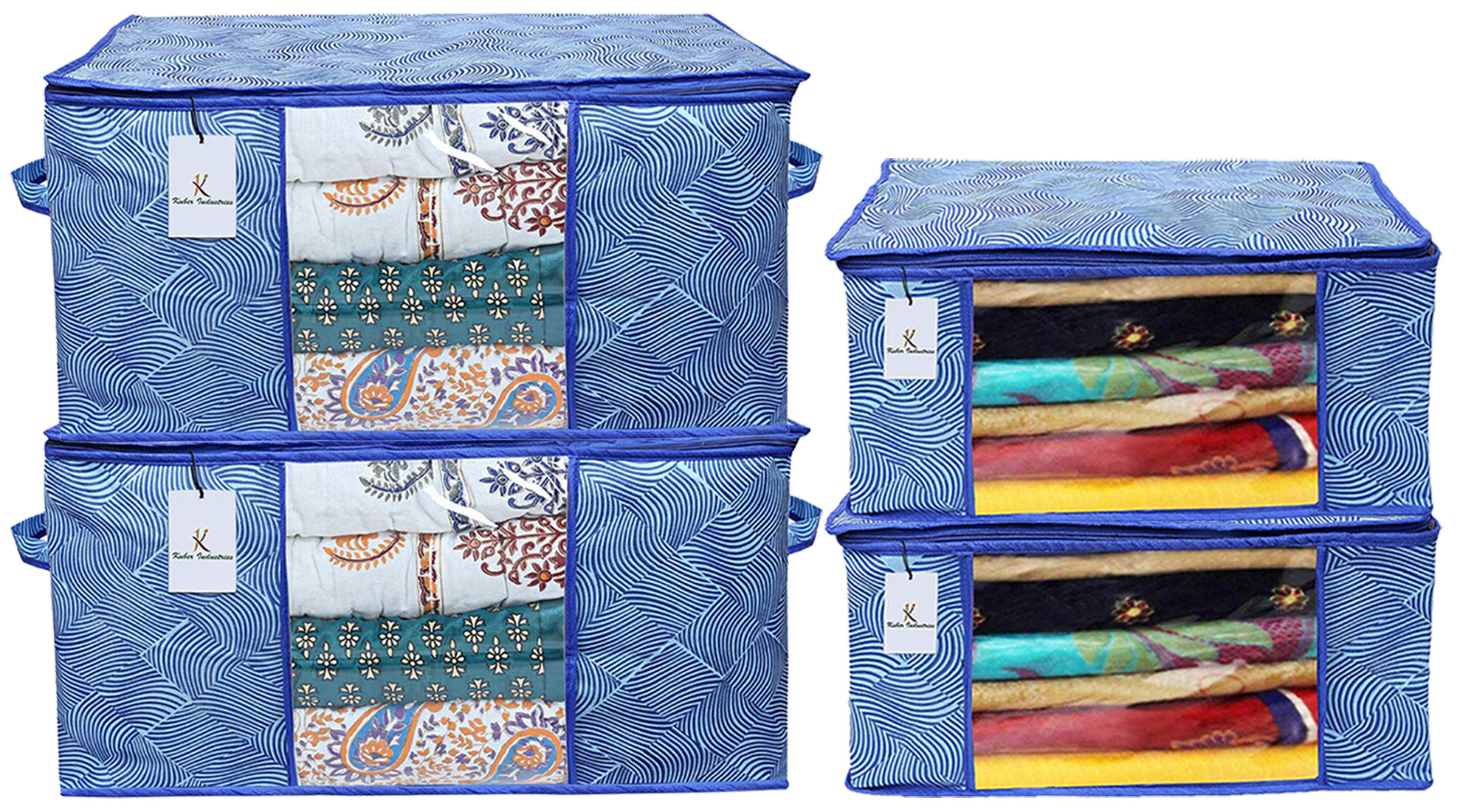 Kuber Industries Laheriya Printed Non Woven Saree Cover And Underbed Storage Bag, Cloth Organizer For Storage, Blanket Cover Combo Set (Blue) -CTKTC38679