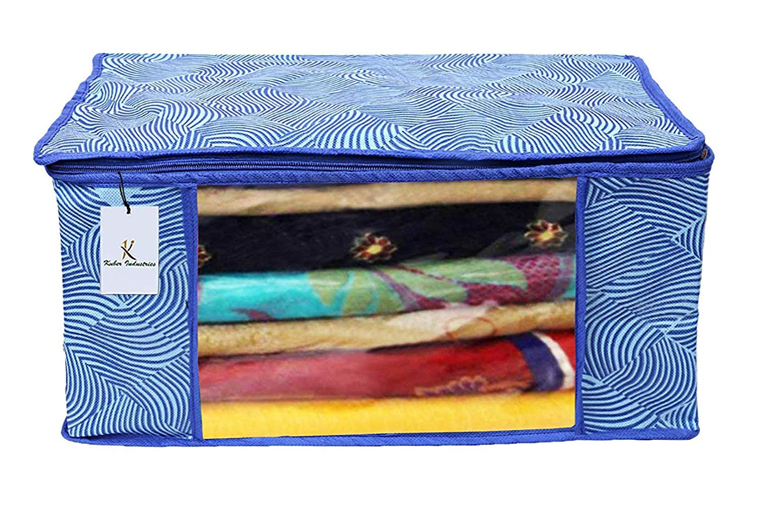 Kuber Industries Laheriya Printed Non Woven Saree Cover And Underbed Storage Bag, Cloth Organizer For Storage, Blanket Cover Combo Set (Blue) -CTKTC38679