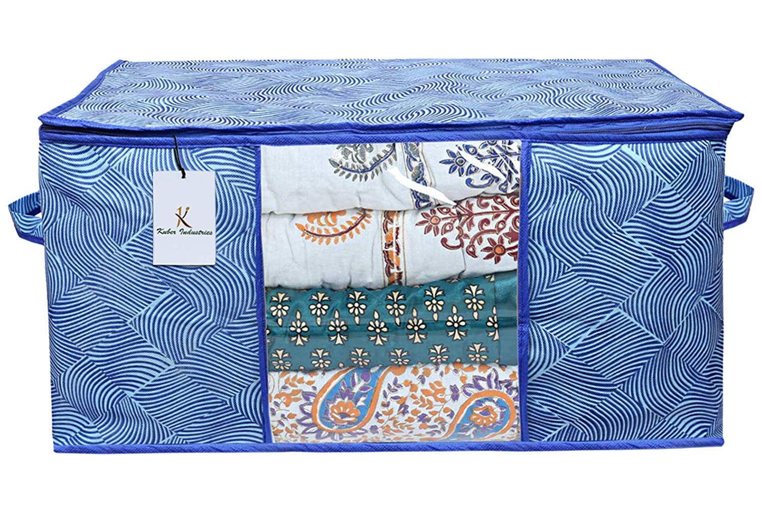 Kuber Industries Laheriya Printed Non Woven Saree Cover And Underbed Storage Bag, Cloth Organizer For Storage, Blanket Cover Combo Set (Blue) -CTKTC38679