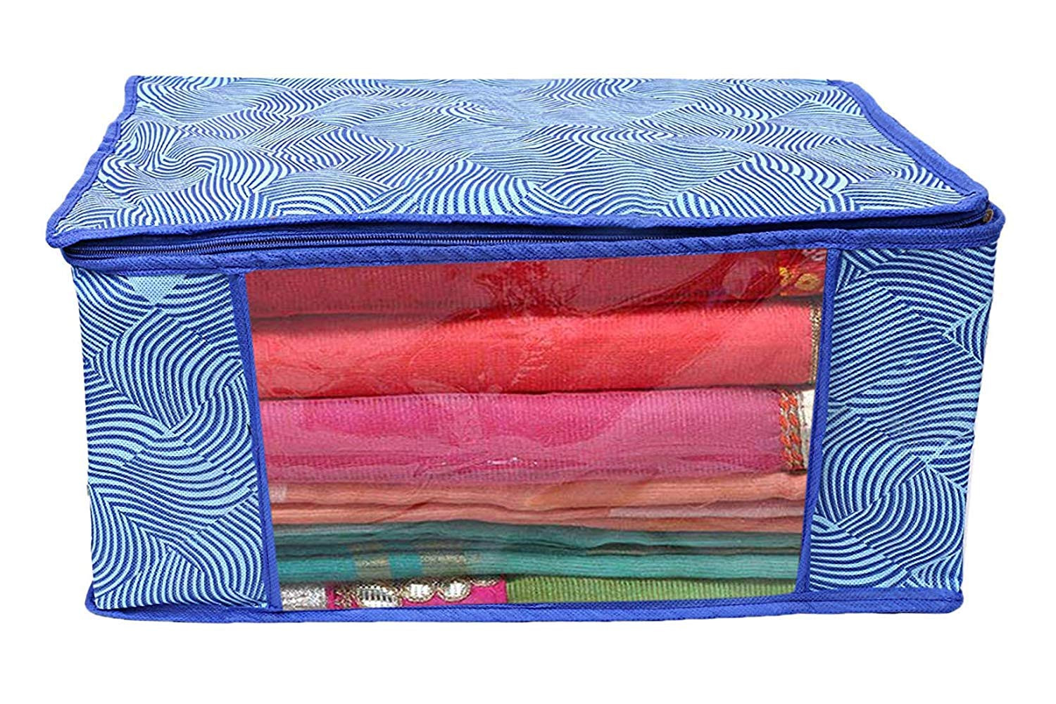Kuber Industries Laheriya Printed Non Woven Saree Cover And Underbed Storage Bag, Cloth Organizer For Storage, Blanket Cover Combo Set (Blue) -CTKTC38679