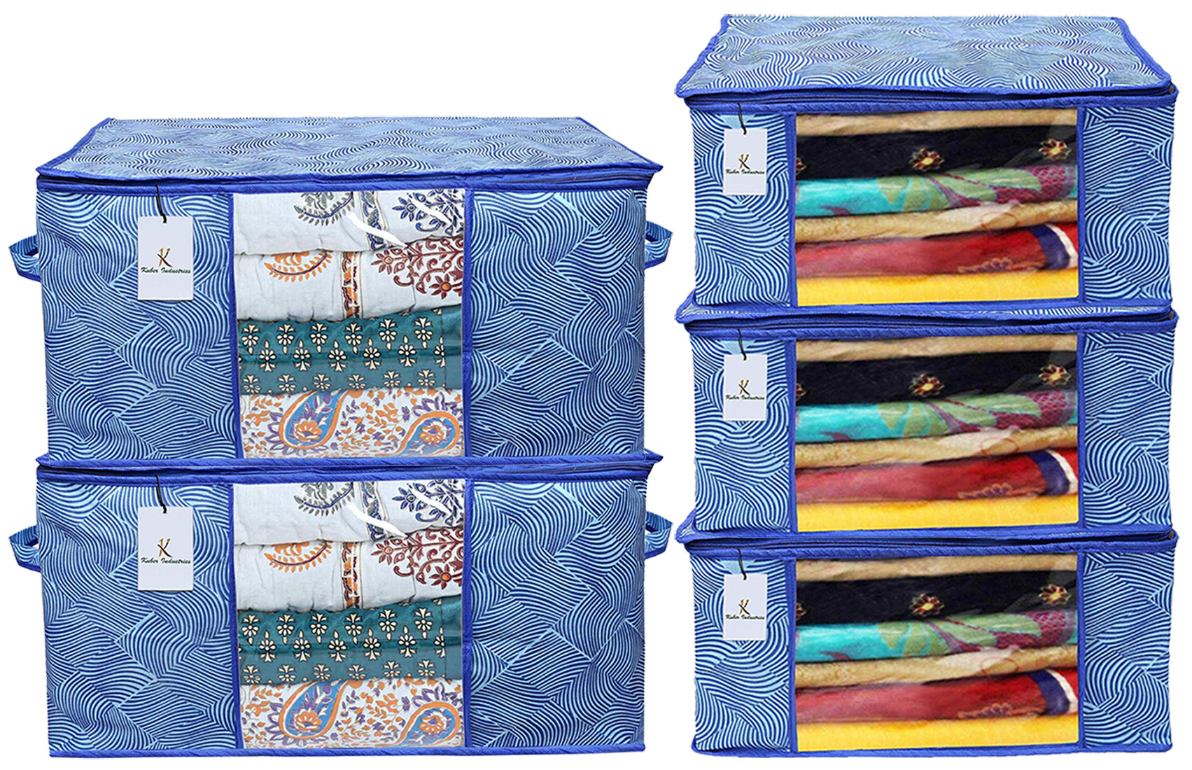 Kuber Industries Laheriya Printed Non Woven Saree Cover And Underbed Storage Bag, Cloth Organizer For Storage, Blanket Cover Combo Set (Blue) -CTKTC38679