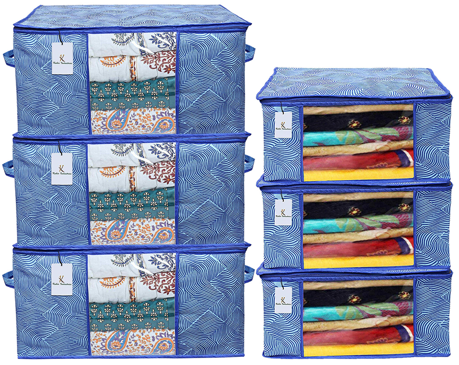 Kuber Industries Laheriya Printed Non Woven Saree Cover And Underbed Storage Bag, Cloth Organizer For Storage, Blanket Cover Combo Set (Blue) -CTKTC38679