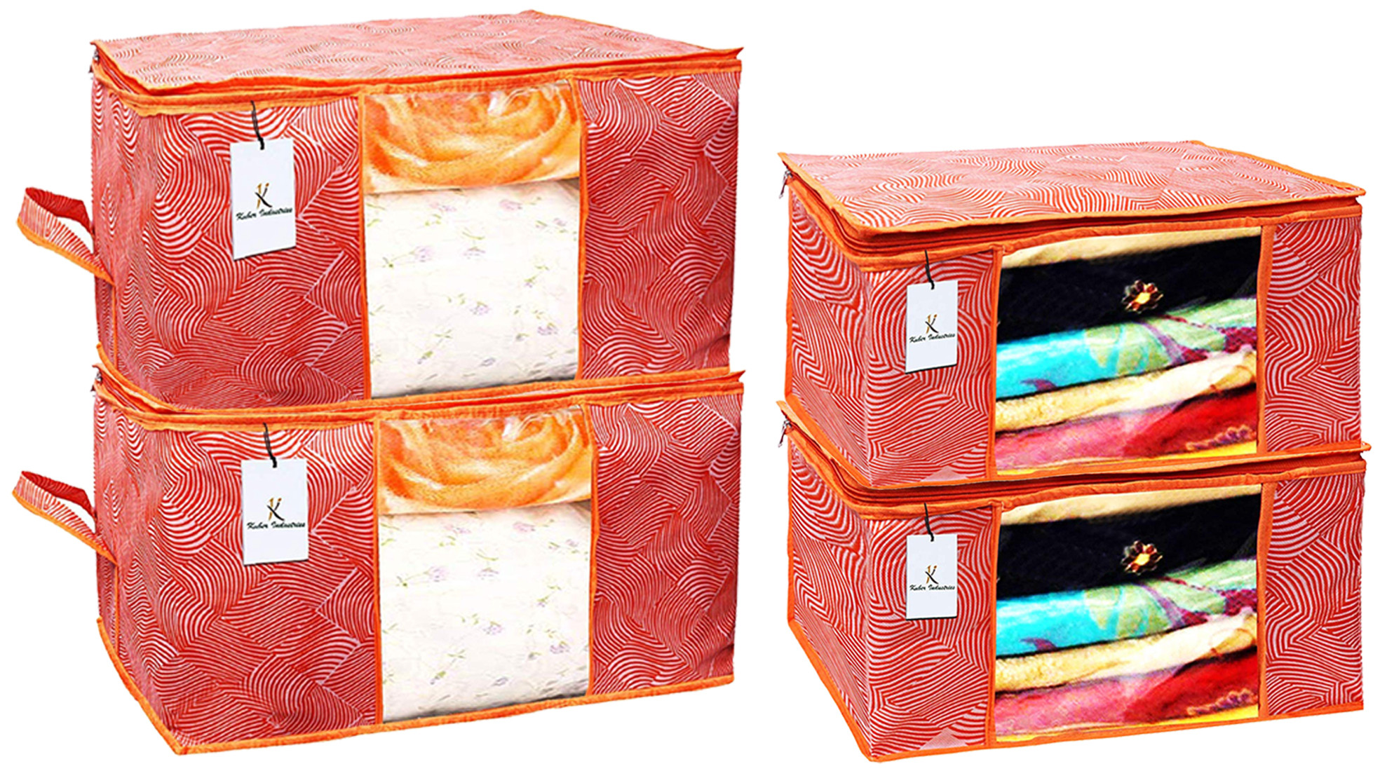Kuber Industries Laheriya Printed Non Woven Saree Cover And Underbed Storage Bag, Cloth Organizer For Storage, Blanket Cover Combo Set (Orange) -CTKTC38691