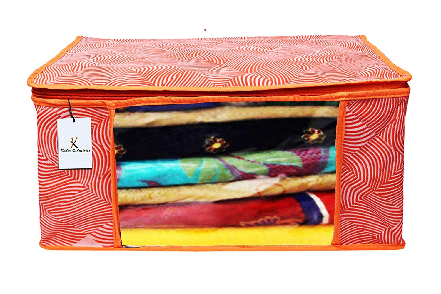 Kuber Industries Laheriya Printed Non Woven Saree Cover And Underbed Storage Bag, Cloth Organizer For Storage, Blanket Cover Combo Set (Orange) -CTKTC38691