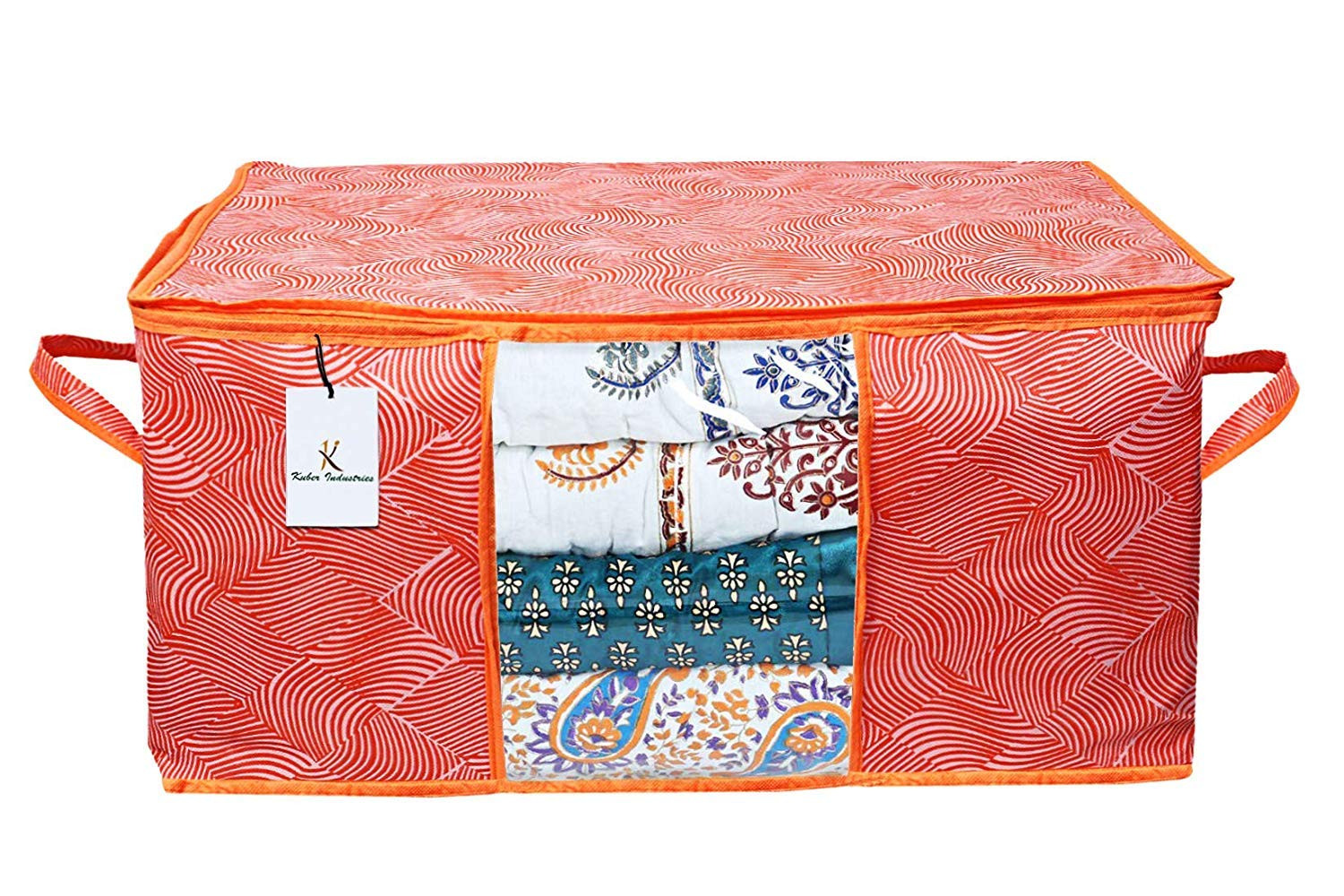 Kuber Industries Laheriya Printed Non Woven Saree Cover And Underbed Storage Bag, Cloth Organizer For Storage, Blanket Cover Combo Set (Orange) -CTKTC38691