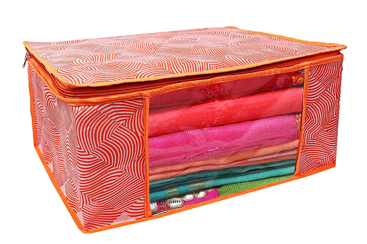 Kuber Industries Laheriya Printed Non Woven Saree Cover And Underbed Storage Bag, Cloth Organizer For Storage, Blanket Cover Combo Set (Orange) -CTKTC38691