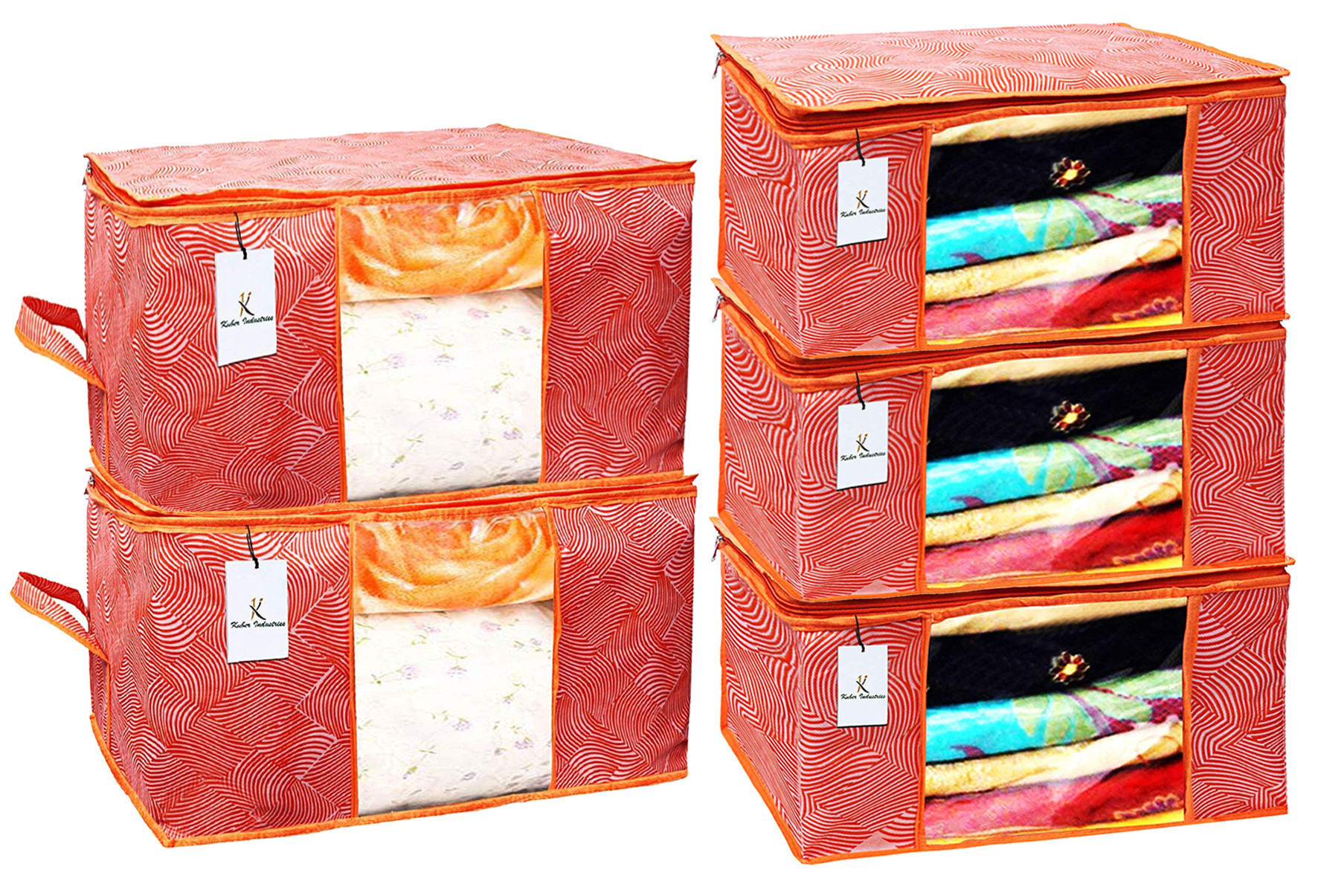 Kuber Industries Laheriya Printed Non Woven Saree Cover And Underbed Storage Bag, Cloth Organizer For Storage, Blanket Cover Combo Set (Orange) -CTKTC38691