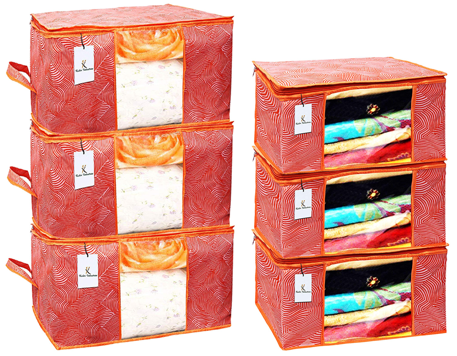 Kuber Industries Laheriya Printed Non Woven Saree Cover And Underbed Storage Bag, Cloth Organizer For Storage, Blanket Cover Combo Set (Orange) -CTKTC38691