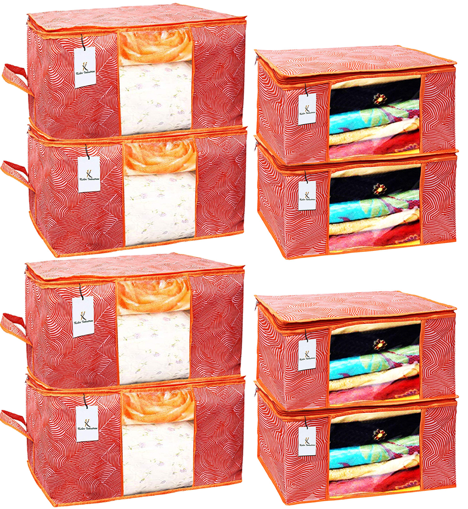 Kuber Industries Laheriya Printed Non Woven Saree Cover And Underbed Storage Bag, Cloth Organizer For Storage, Blanket Cover Combo Set (Orange) -CTKTC38691