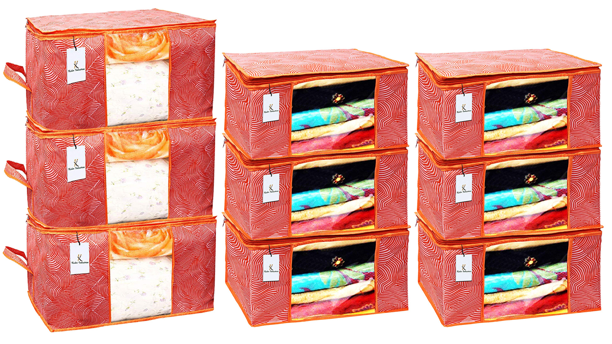 Kuber Industries Laheriya Printed Non Woven Saree Cover And Underbed Storage Bag, Cloth Organizer For Storage, Blanket Cover Combo Set (Orange) -CTKTC38691