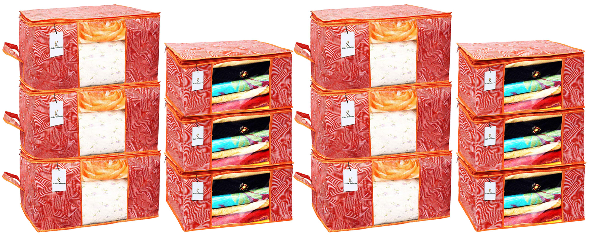 Kuber Industries Laheriya Printed Non Woven Saree Cover And Underbed Storage Bag, Cloth Organizer For Storage, Blanket Cover Combo Set (Orange) -CTKTC38691