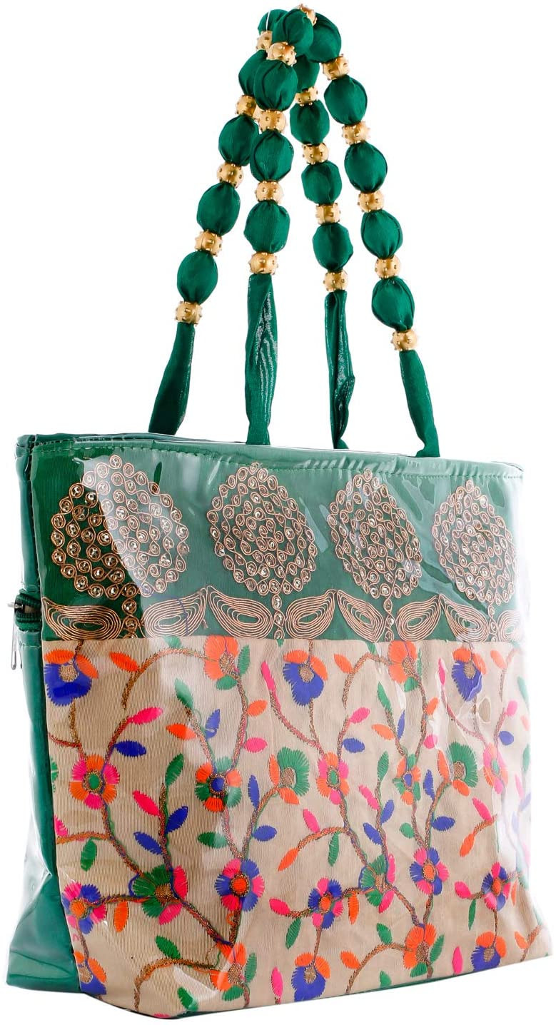 Kuber Industries Laminated Embroidery Hand Bag, Tote Bag, Purse For All Occasion For Women & Girls (Green)