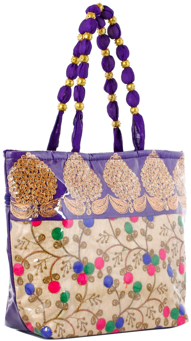 Kuber Industries Laminated Embroidery Hand Bag, Tote Bag, Purse For All Occasion For Women & Girls (Purple)