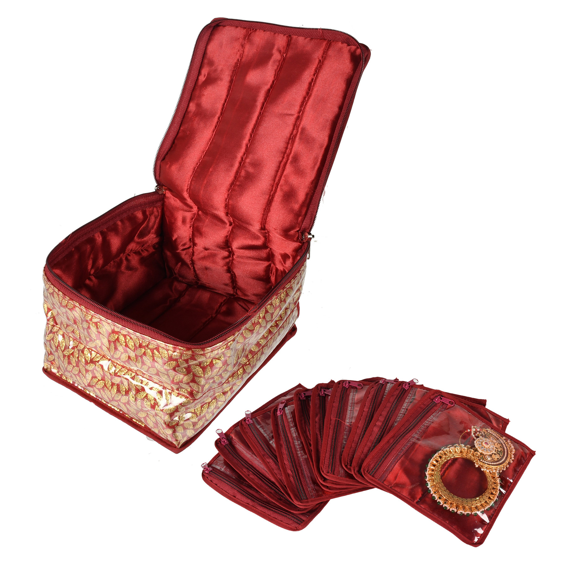 Kuber Industries Laminated Leaf Design Jewellery Organizer With 10 Tranasparent Pouches For Keeps Your Jewellery,Earrings, Necklaces Organized And Secure (Maroon)-HS_38_KUBMART21001