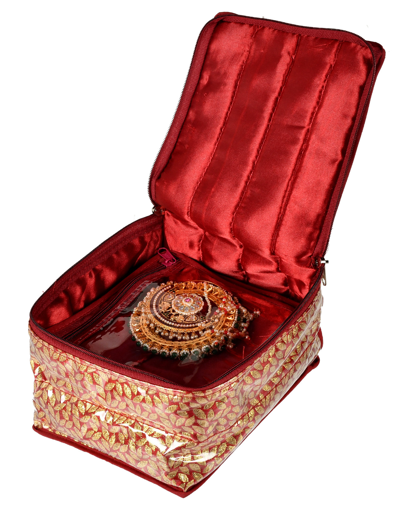 Kuber Industries Laminated Leaf Design Jewellery Organizer With 10 Tranasparent Pouches For Keeps Your Jewellery,Earrings, Necklaces Organized And Secure (Maroon)-HS_38_KUBMART21001