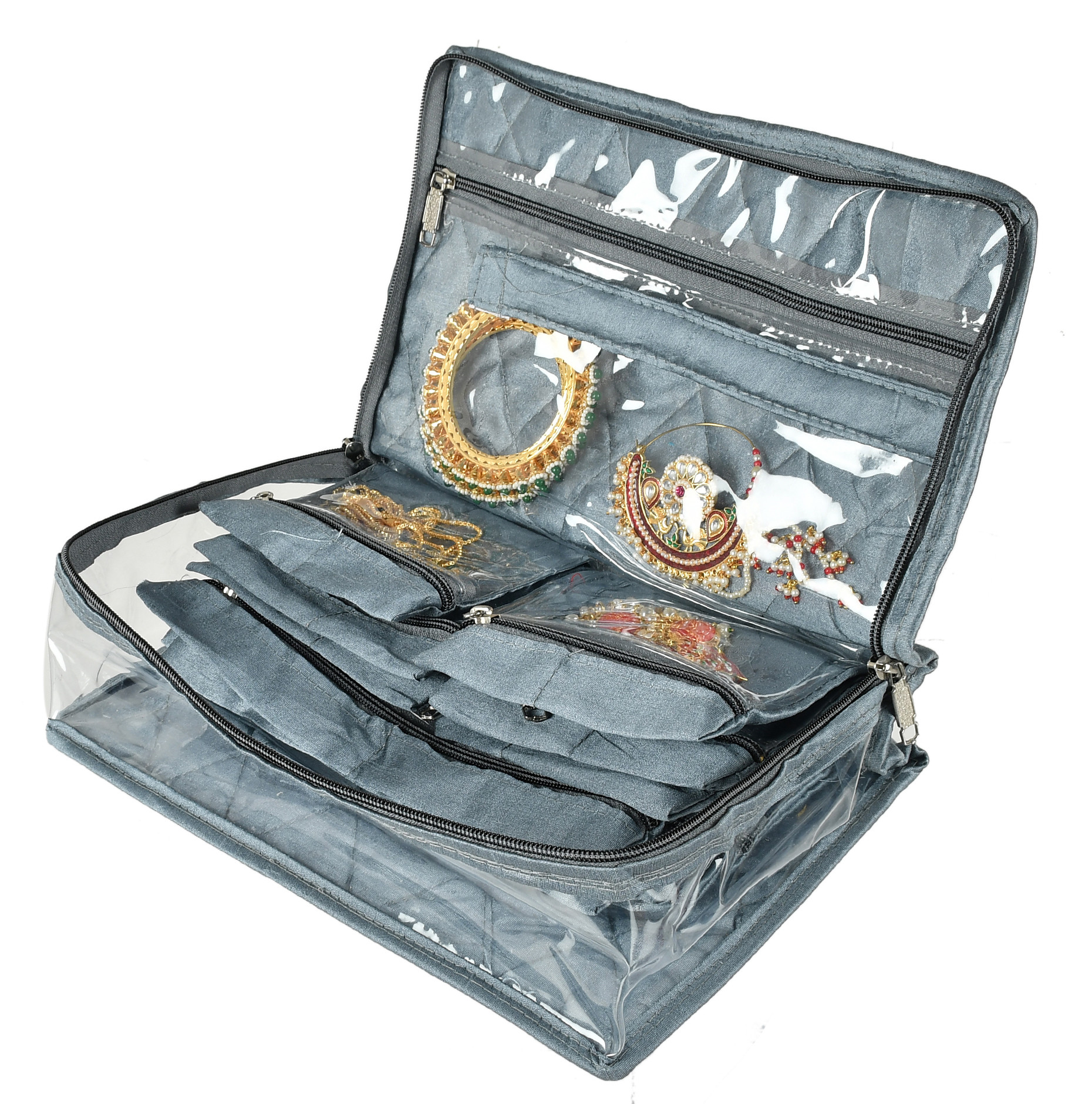 Kuber Industries Laminated PVC Travel Jewelry Organiser, Jewelry Storage Bags for Necklace, Earrings, Rings, Bracelet With 13 Transparent Pouches (Grey)-HS_38_KUBMART21371