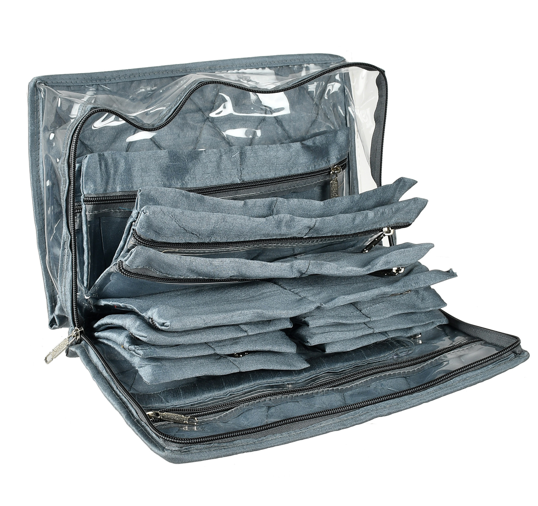 Kuber Industries Laminated PVC Travel Jewelry Organiser, Jewelry Storage Bags for Necklace, Earrings, Rings, Bracelet With 13 Transparent Pouches (Grey)-HS_38_KUBMART21371