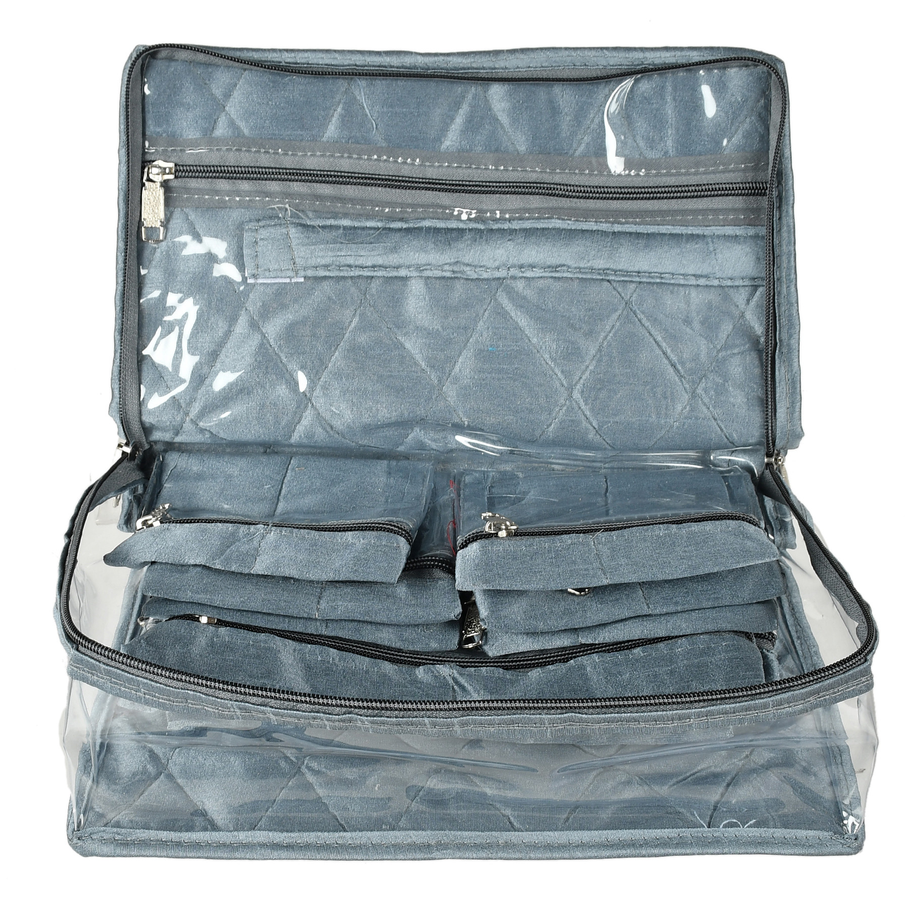 Kuber Industries Laminated PVC Travel Jewelry Organiser, Jewelry Storage Bags for Necklace, Earrings, Rings, Bracelet With 13 Transparent Pouches (Grey)-HS_38_KUBMART21371