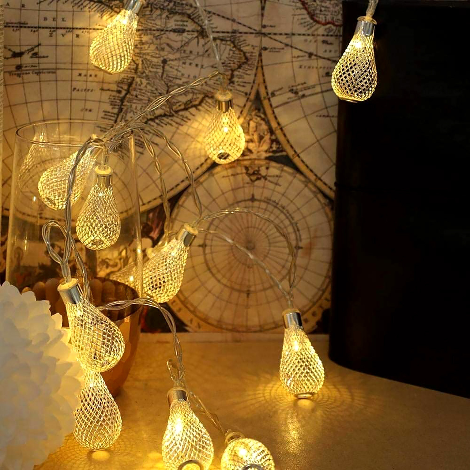 Kuber Industries Lantern Shape String Lights|Golden Metal Home Decoration Light|String Fairy Lights for Birthday Party,Diwali,Christmas,Navratri,14 LED (Warm White)