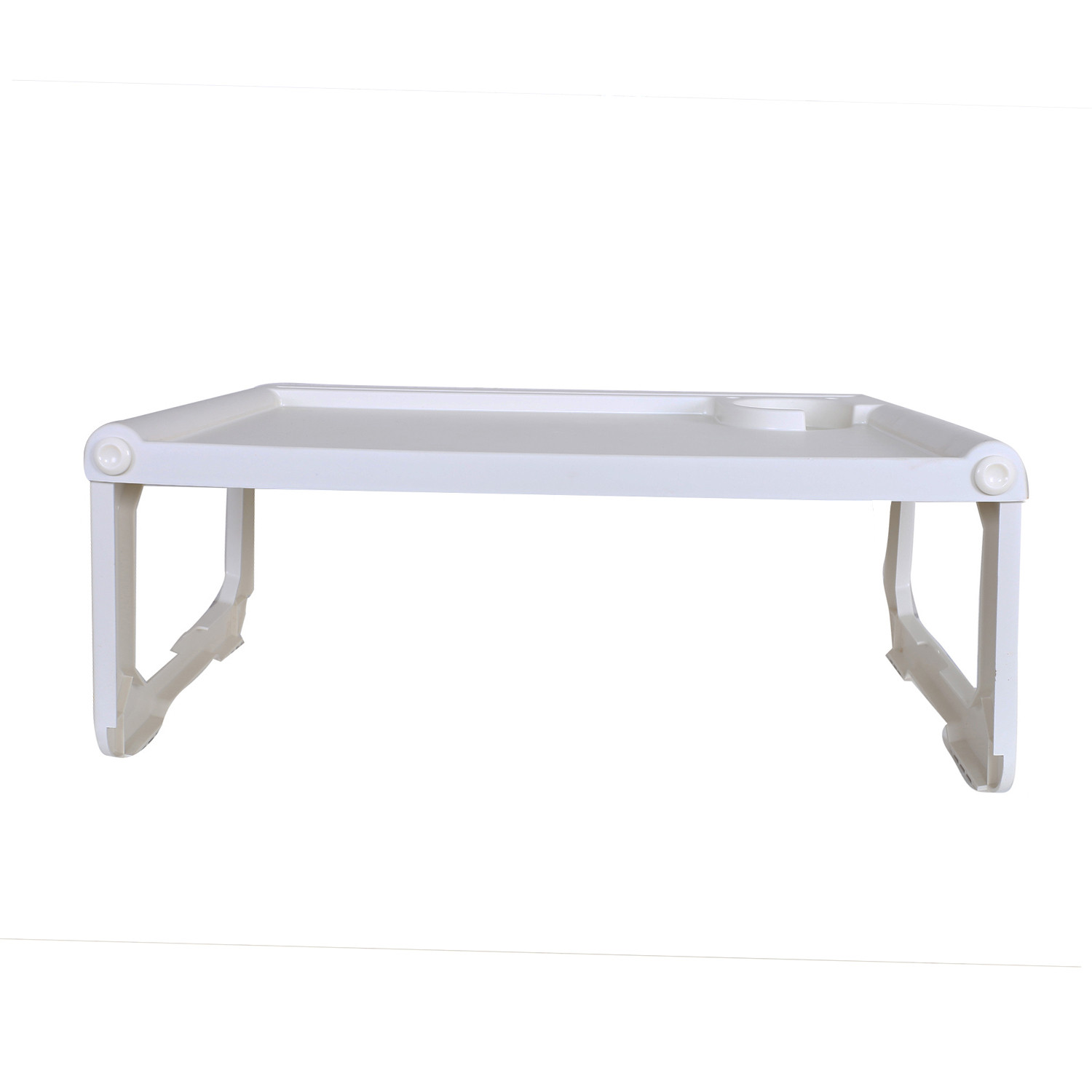 Kuber Industries Laptop Table with Cup Holder|Foldable Study Table|Mac Holder|Portable Plastic Breakfast Table|Desk for Bed & Non-Slip Legs (Cream)