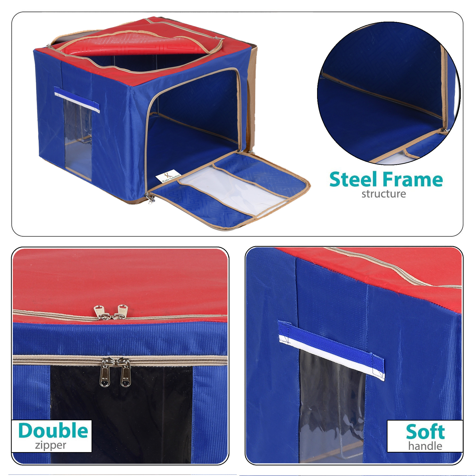 Kuber Industries Large Clear Window Storage Bins Foldable Fabric Storage Bins Boxes for Clothes - Stackable Container Organizer Set with Carrying Handles(Blue & Red)-KUBMRT12257