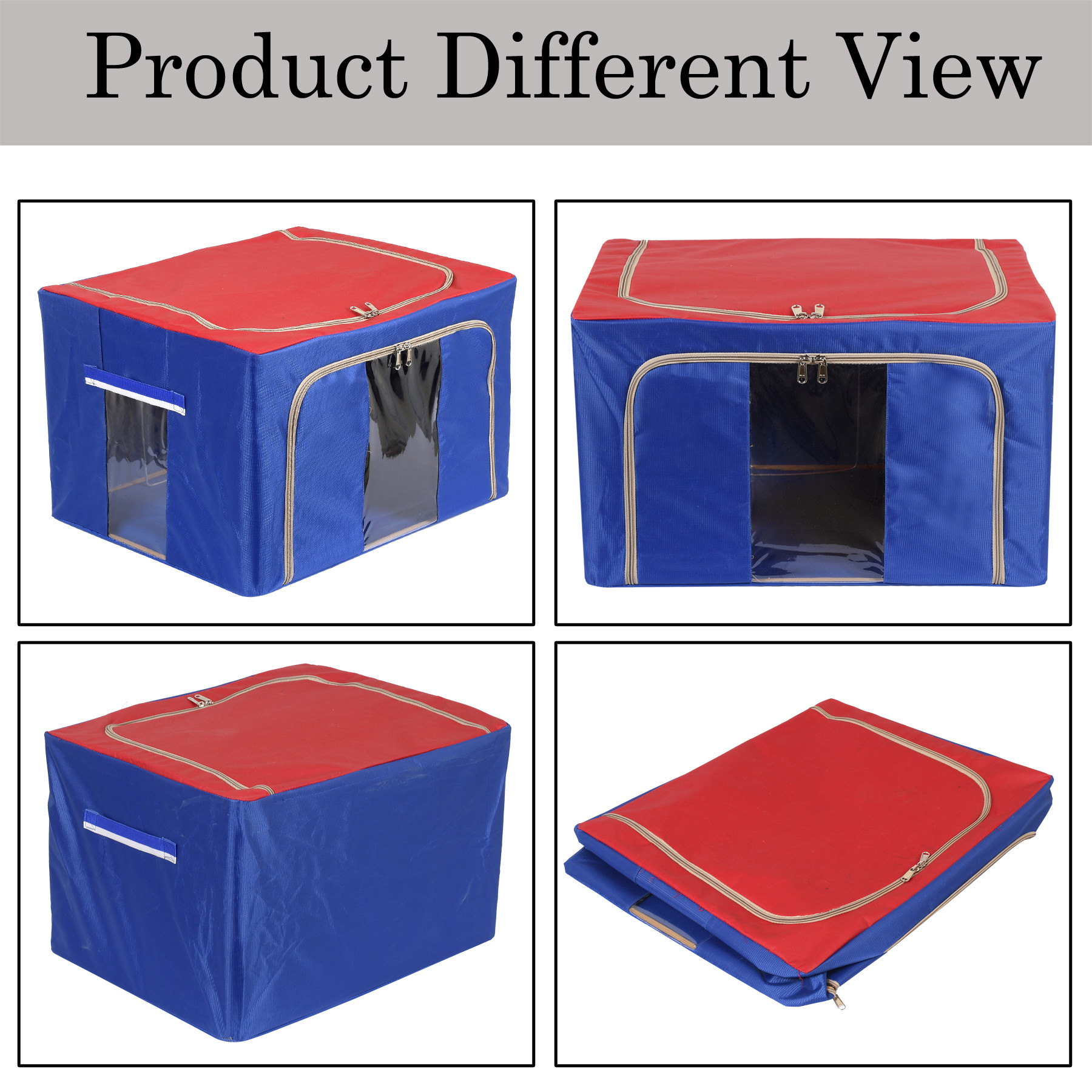 Kuber Industries Large Clear Window Storage Bins Foldable Fabric Storage Bins Boxes for Clothes - Stackable Container Organizer Set with Carrying Handles(Blue & Red)-KUBMRT12257