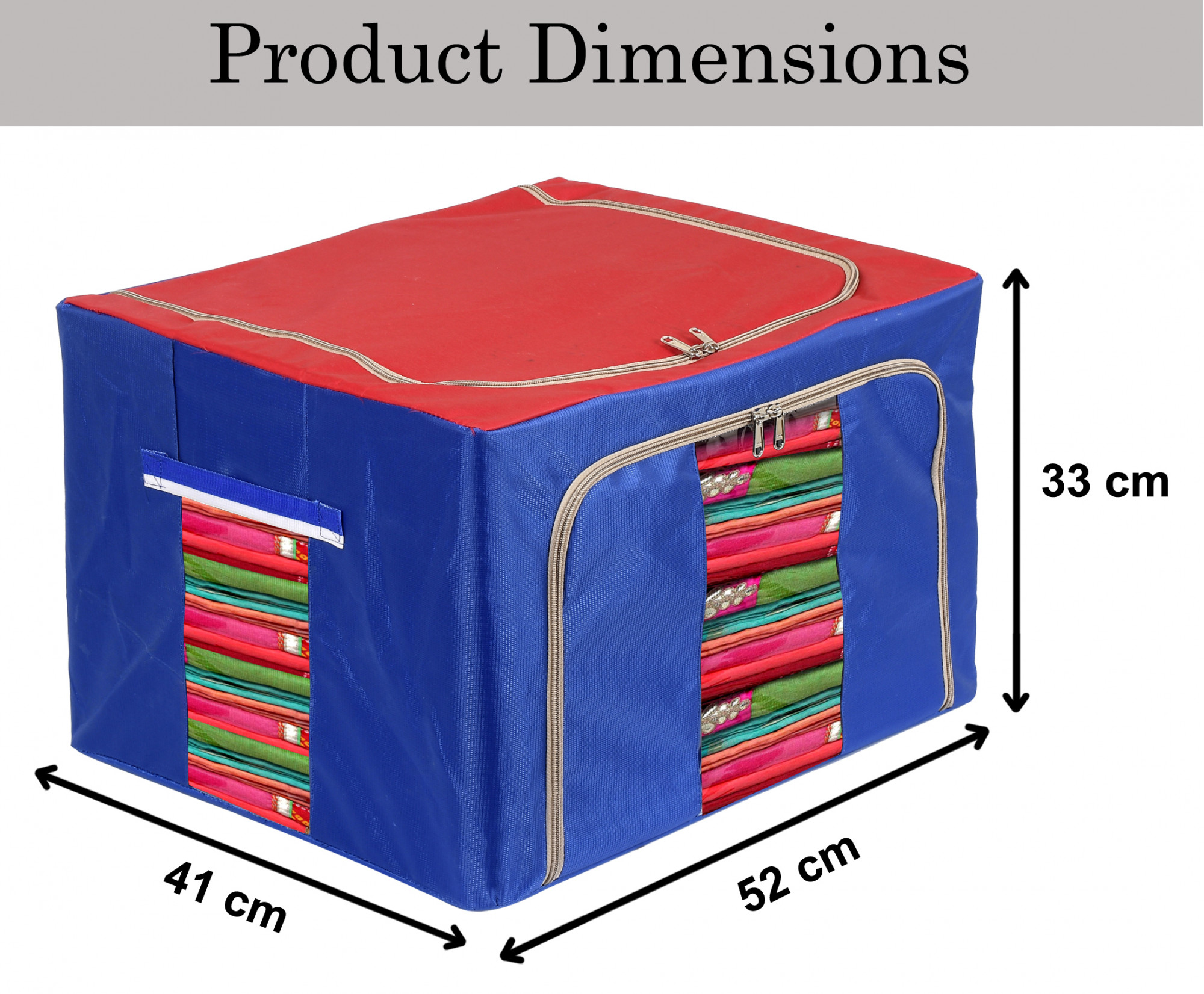 Kuber Industries Large Clear Window Storage Bins Foldable Fabric Storage Bins Boxes for Clothes - Stackable Container Organizer Set with Carrying Handles(Blue & Red)-KUBMRT12257