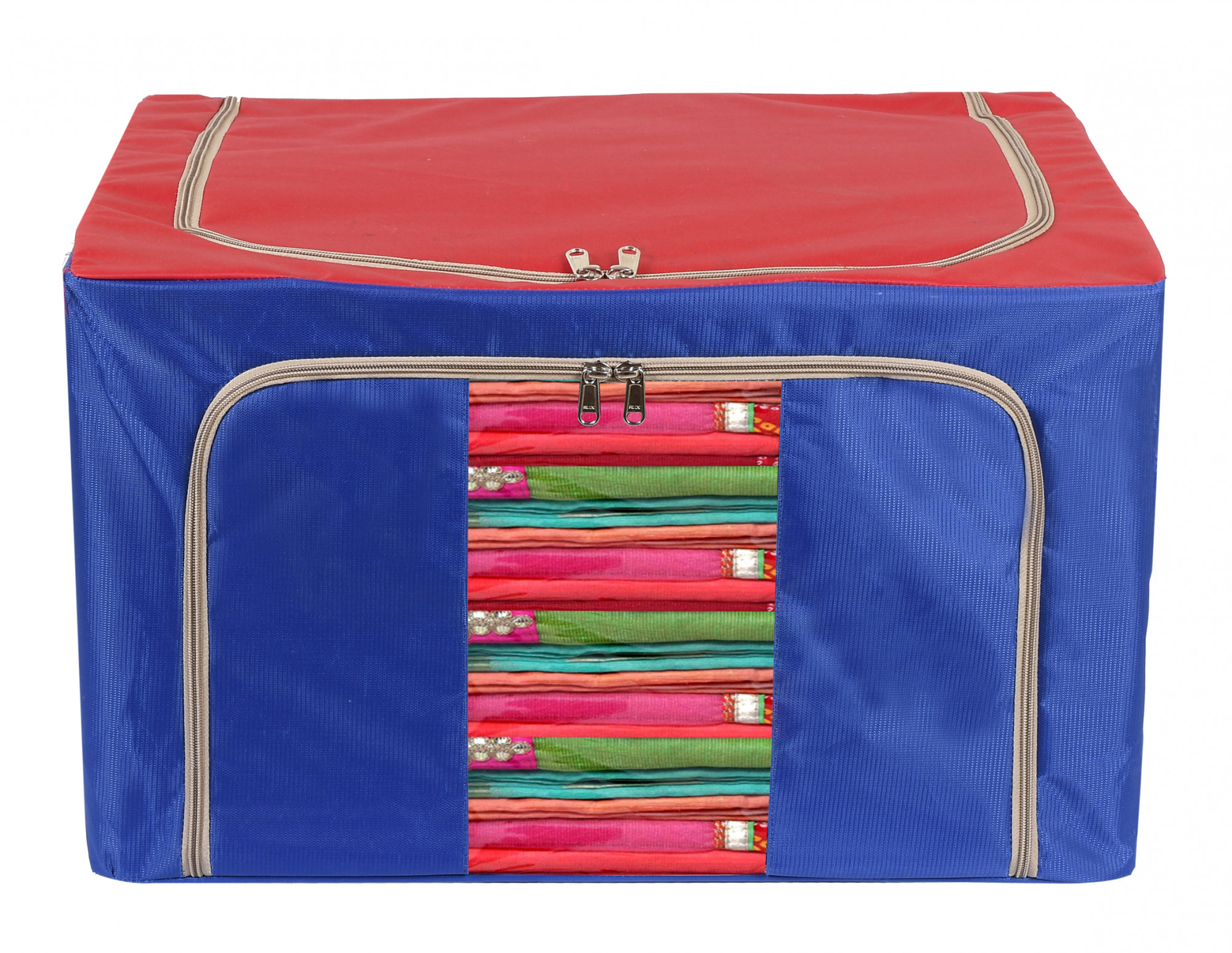 Kuber Industries Large Clear Window Storage Bins Foldable Fabric Storage Bins Boxes for Clothes - Stackable Container Organizer Set with Carrying Handles(Blue & Red)-KUBMRT12257