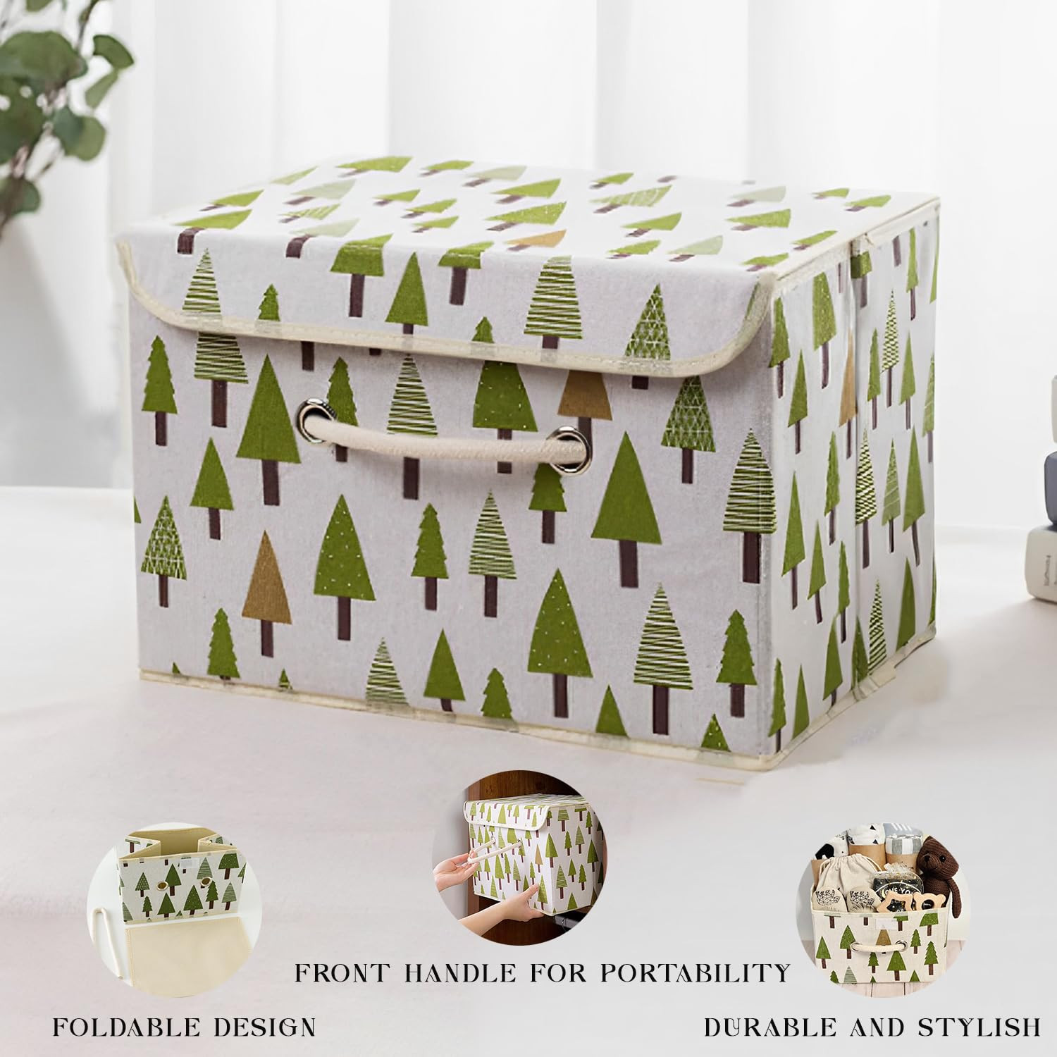 Kuber Industries Large Foldable Storage Box With Lid|Toys Storage Bin|Wardrobe Organizer For clothes|Front Handle & Sturdy (Green)