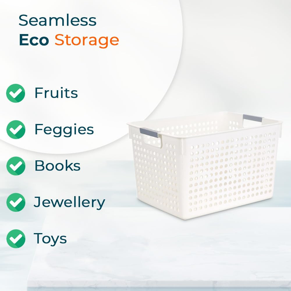Kuber Industries Large Hollow Storage Basket With Handle|Kitchen & Home Organizer For Wardrobe|Tray For Toys, Fruits, Books (White)