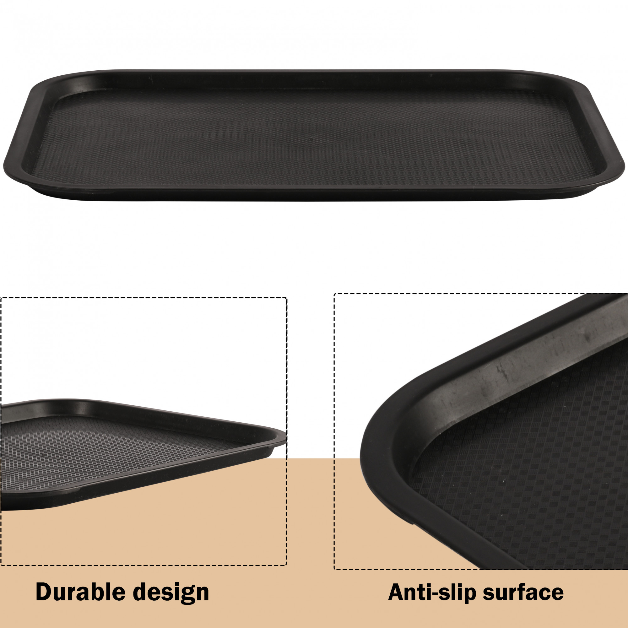 Kuber Industries Large Non-Slip Tray for Kitchen Serving  Plain  Lightweight Plastic Organizer Accessories for Office  Home  Black