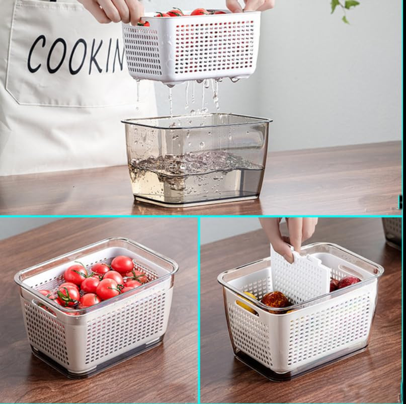 Kuber Industries Large Refrigerator Storage Crisper with Lid & Detachable Hollow Basket (Brown)