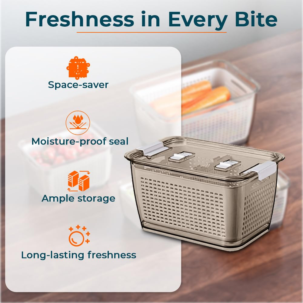 Kuber Industries Large Refrigerator Storage Crisper with Lid & Detachable Hollow Basket (Brown)