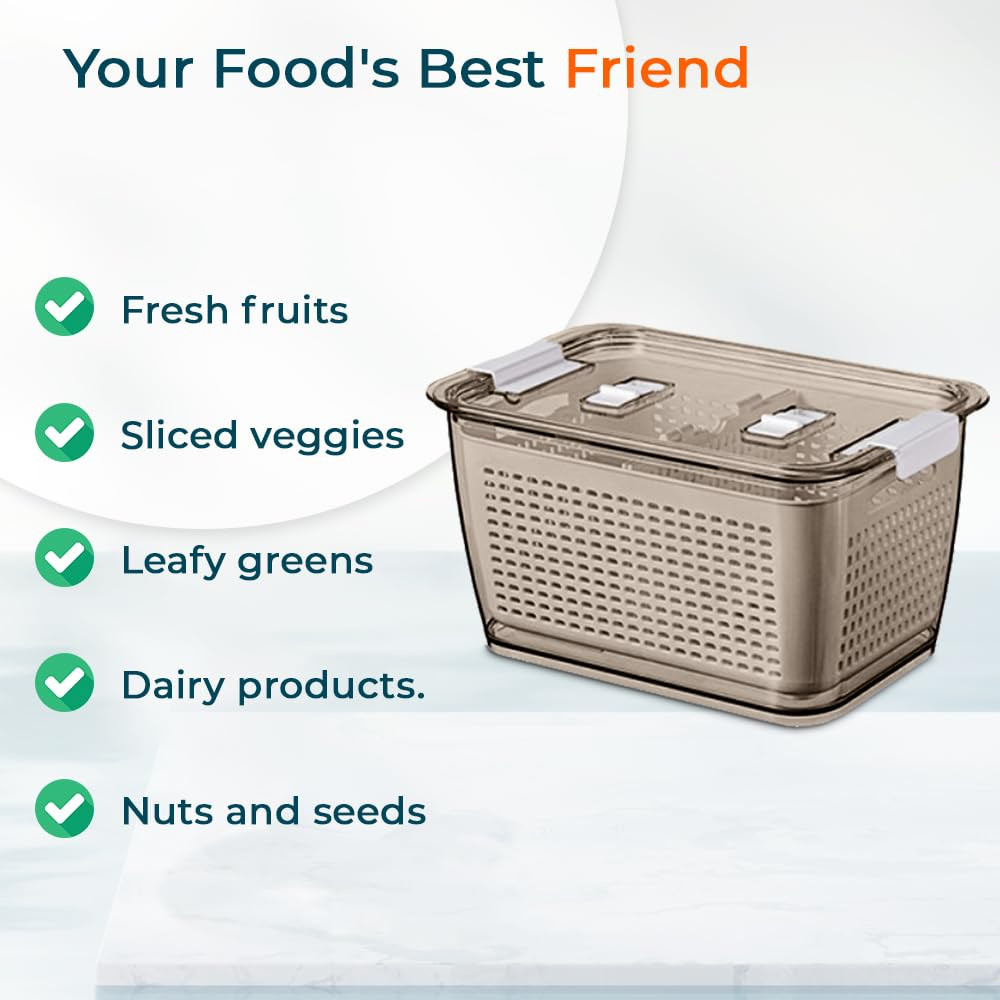 Kuber Industries Large Refrigerator Storage Crisper with Lid & Detachable Hollow Basket (Brown)