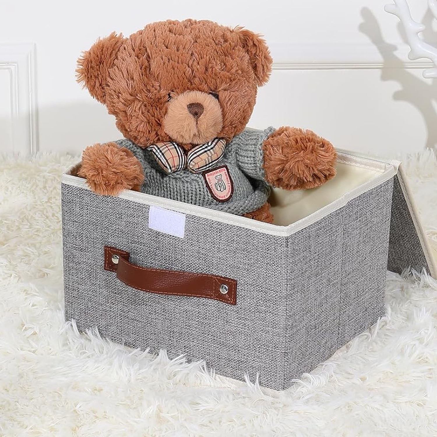 Kuber Industries Large Storage Box With Lid|Foldable Toys Storage Bin|Wardrobe Organizer For clothes|Front Handle & Sturdy (Grey)