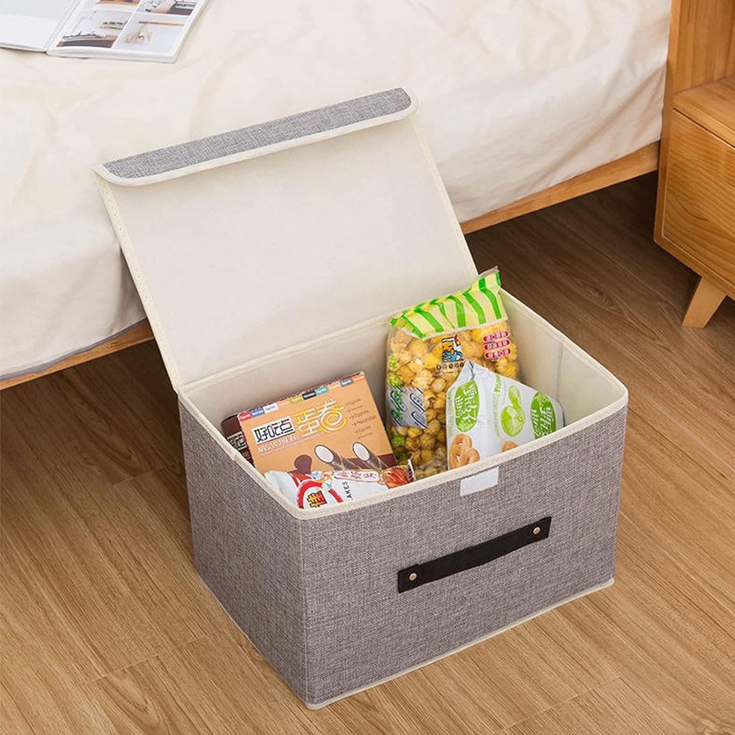 Kuber Industries Large Storage Box With Lid|Foldable Toys Storage Bin|Wardrobe Organizer For clothes|Front Handle & Sturdy (Grey)