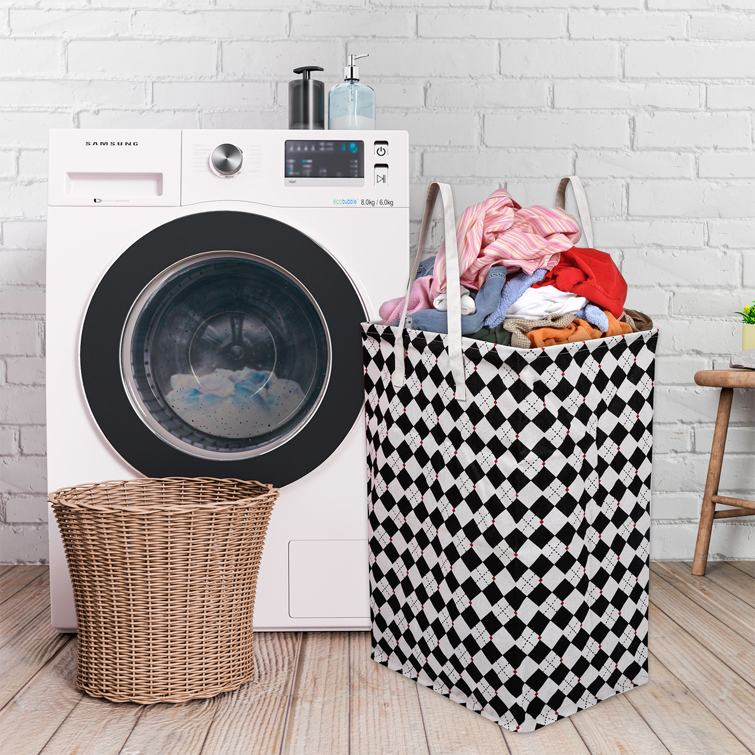 Kuber Industries Laundry Basket  Check Laundry Basket  Canvas Storage Bag with Handles  Clothes Storage Basket for Home  Toy Storage Basket  75 LTR  Large  Black