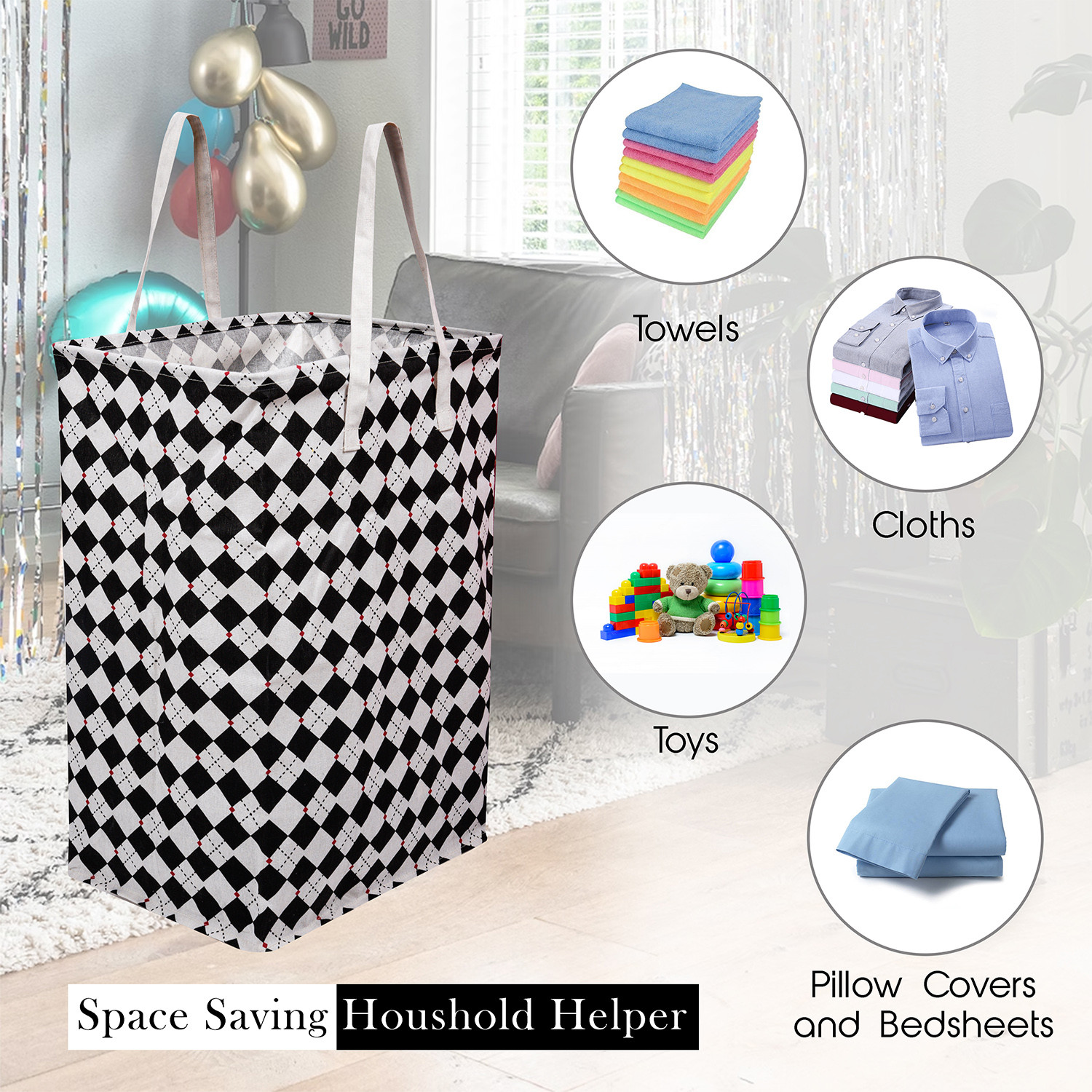 Kuber Industries Laundry Basket  Check Laundry Basket  Canvas Storage Bag with Handles  Clothes Storage Basket for Home  Toy Storage Basket  75 LTR  Large  Black