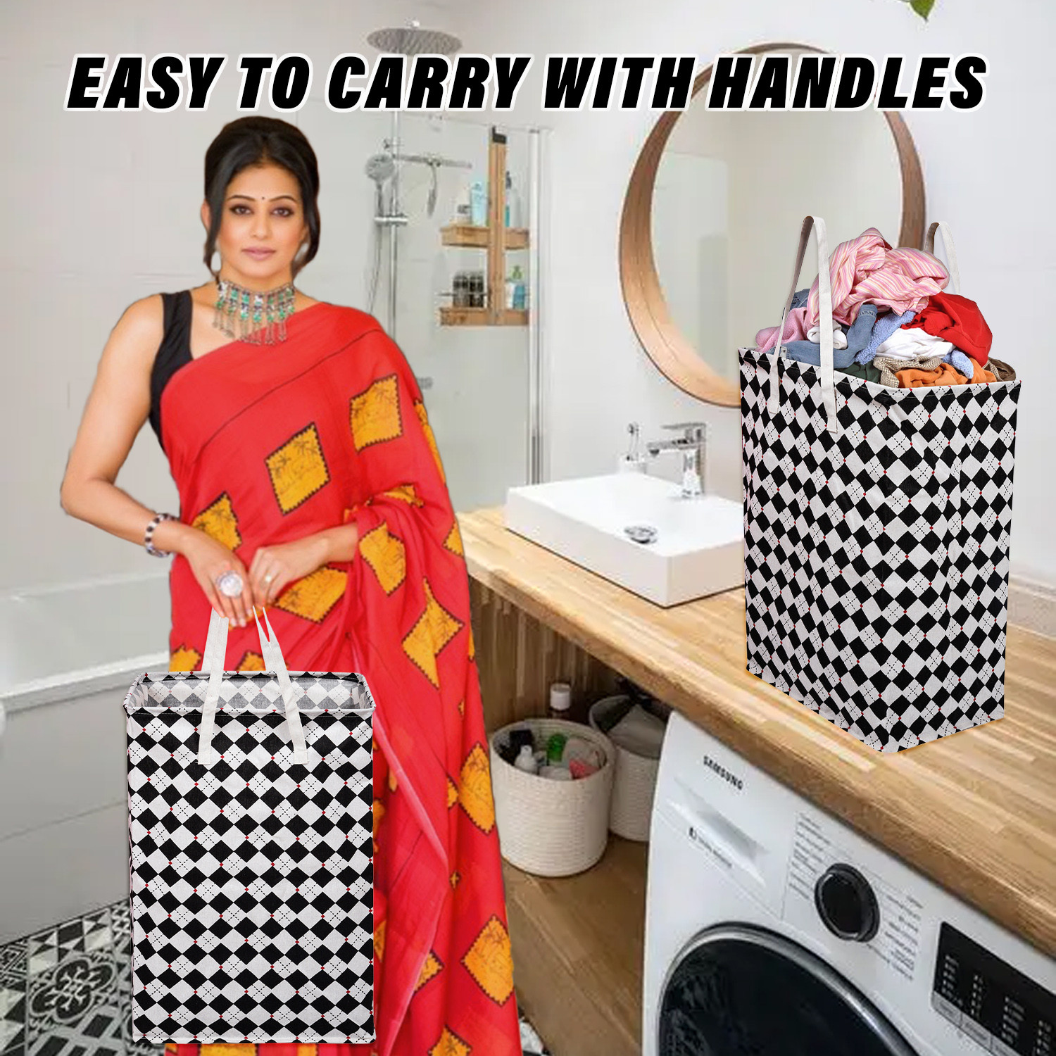 Kuber Industries Laundry Basket  Check Laundry Basket  Canvas Storage Bag with Handles  Clothes Storage Basket for Home  Toy Storage Basket  75 LTR  Large  Black