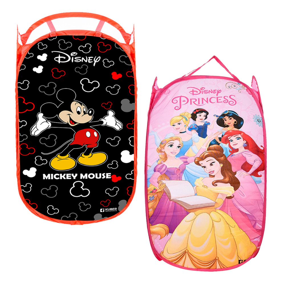 Kuber Industries Laundry Basket | Disney Mickey &amp; Princess Net Foldable Laundry | Nylon Storage Basket with Handle | Toy Storage Basket | 30 LTR | Pack of 2 | Multicolor