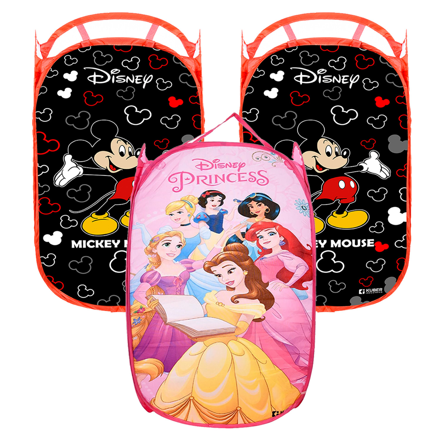 Kuber Industries Laundry Basket | Disney Mickey & Princess Net Foldable Laundry | Nylon Storage Basket with Handle | Toy Storage Basket | 30 LTR | Pack of 3 | Multicolor