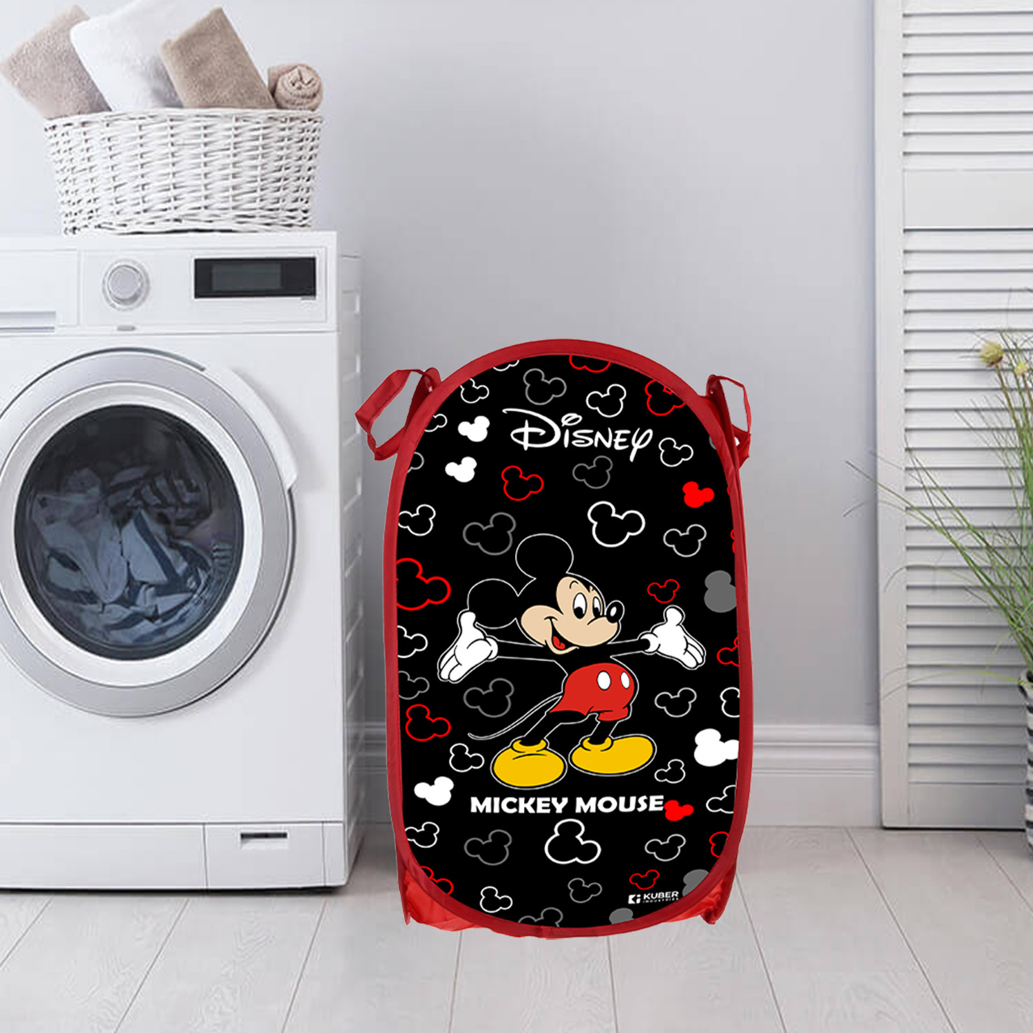 Kuber Industries Laundry Basket  Disney Mickey Net Foldable Laundry  Nylon Storage Basket with Handle  Basket for Home  Toy Storage  30 LTR  Black