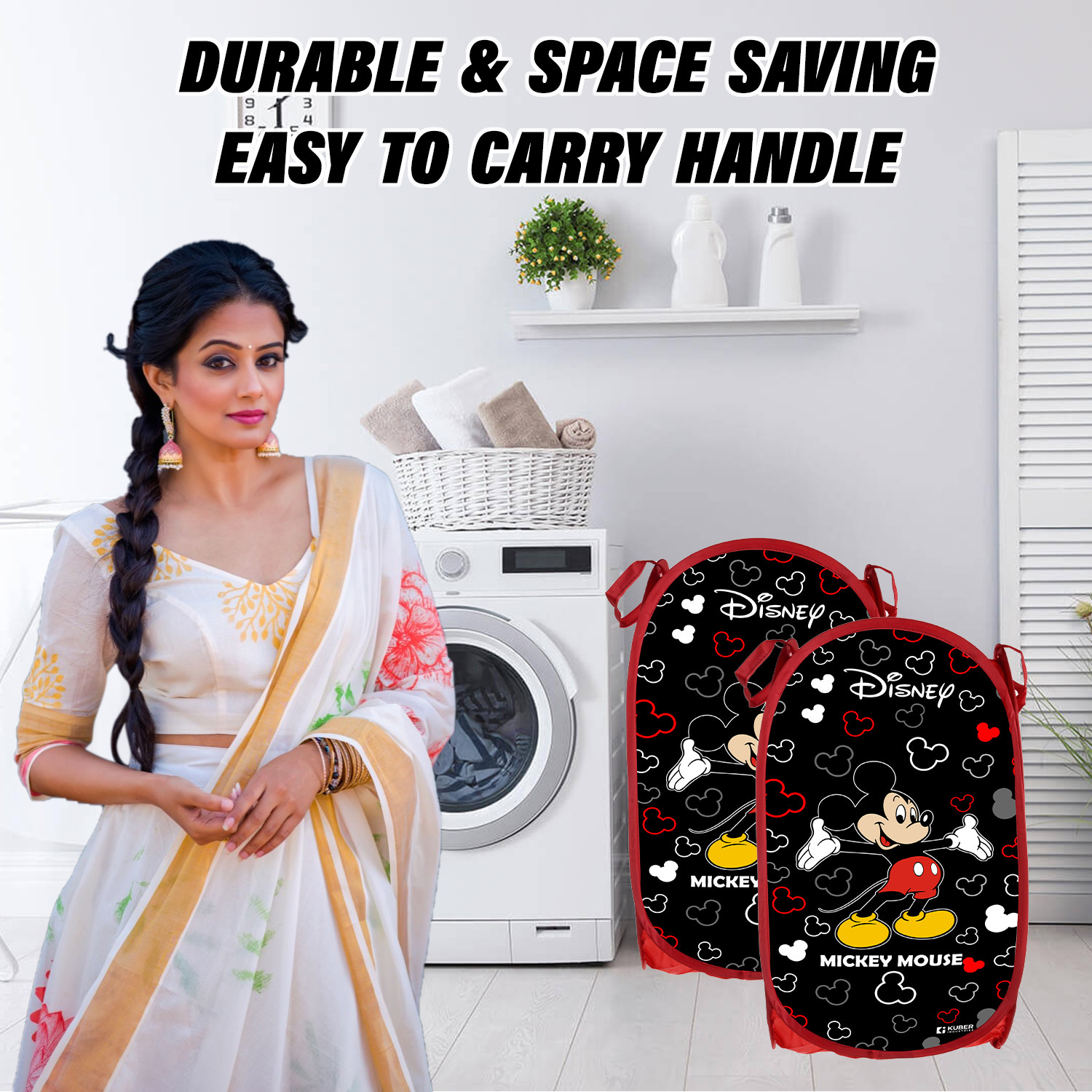 Kuber Industries Laundry Basket  Disney Mickey Net Foldable Laundry  Nylon Storage Basket with Handle  Basket for Home  Toy Storage  30 LTR  Black