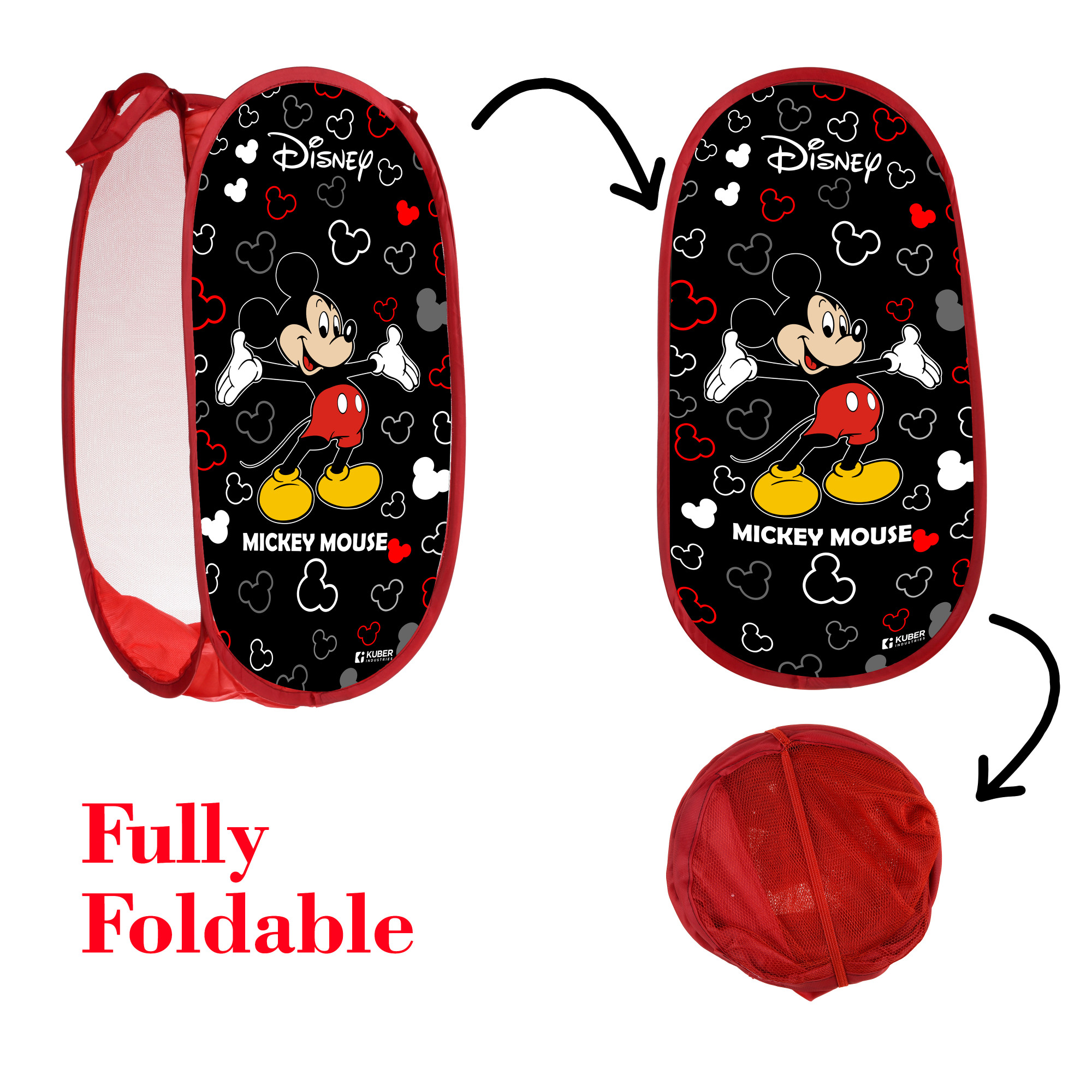 Kuber Industries Laundry Basket  Disney Mickey Net Foldable Laundry  Nylon Storage Basket with Handle  Basket for Home  Toy Storage  30 LTR  Black
