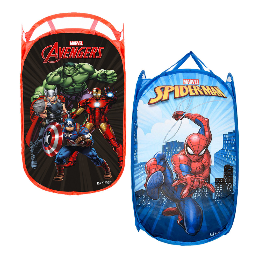 Kuber Industries Laundry Basket | Marvel Avengers &amp; Spiderman Net Foldable Laundry | Nylon Storage Basket with Handle | Toy Storage Basket | 30 LTR | Pack of 2 | Multicolor