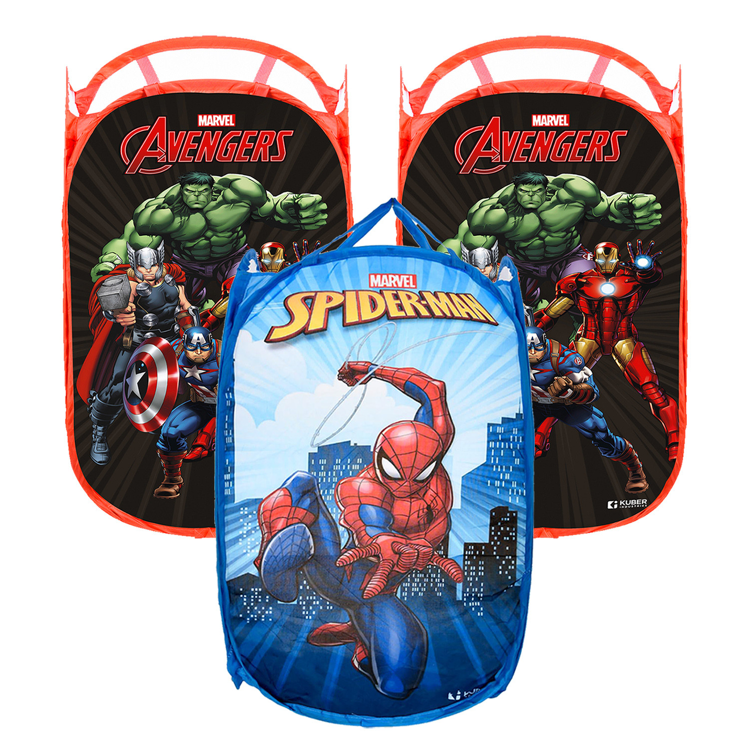 Kuber Industries Laundry Basket | Marvel Avengers & Spiderman Net Foldable Laundry | Nylon Storage Basket with Handle | Toy Storage Basket | 30 LTR | Pack of 3 | Multicolor