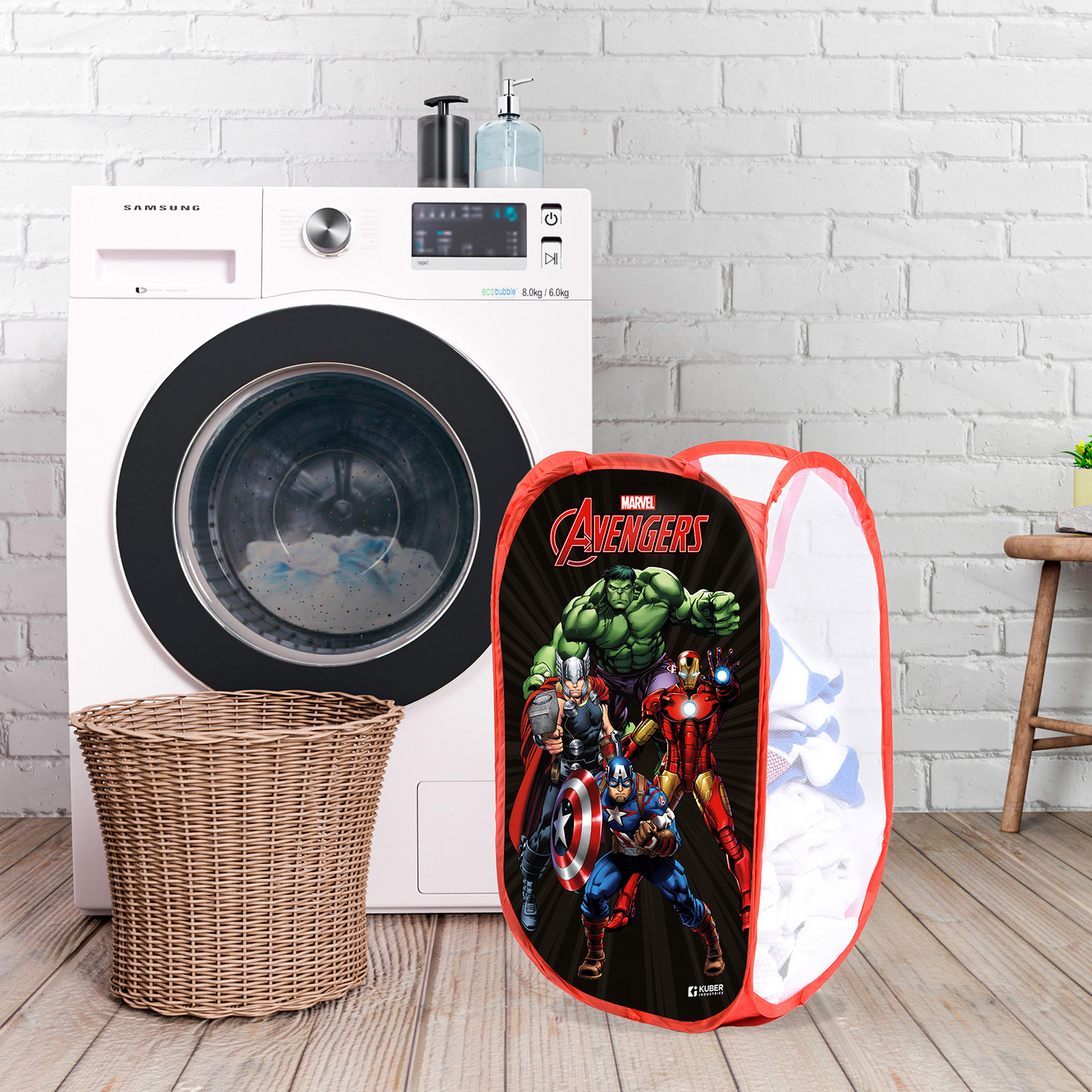 Kuber Industries Laundry Basket  Marvel Avengers Net Foldable Laundry  Nylon Storage Basket with Handle  Clothes Basket for Home  Toy Storage  30 LTR  Black