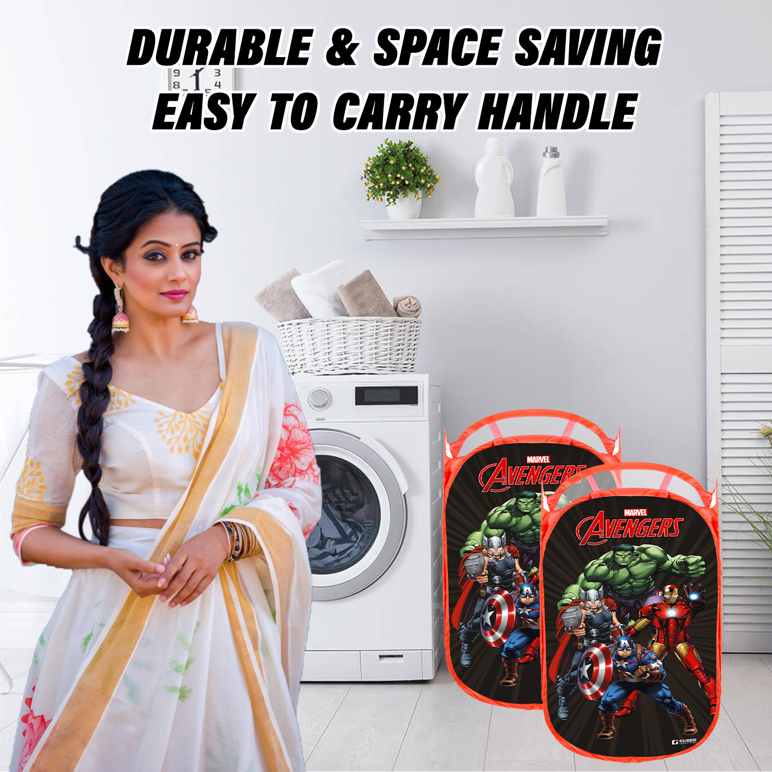 Kuber Industries Laundry Basket  Marvel Avengers Net Foldable Laundry  Nylon Storage Basket with Handle  Clothes Basket for Home  Toy Storage  30 LTR  Black